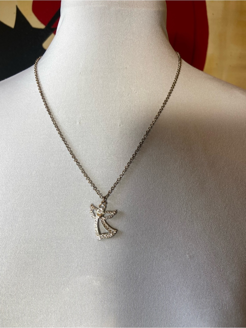 Dainty Silver Angel Pendant Necklace with Crystal Accents